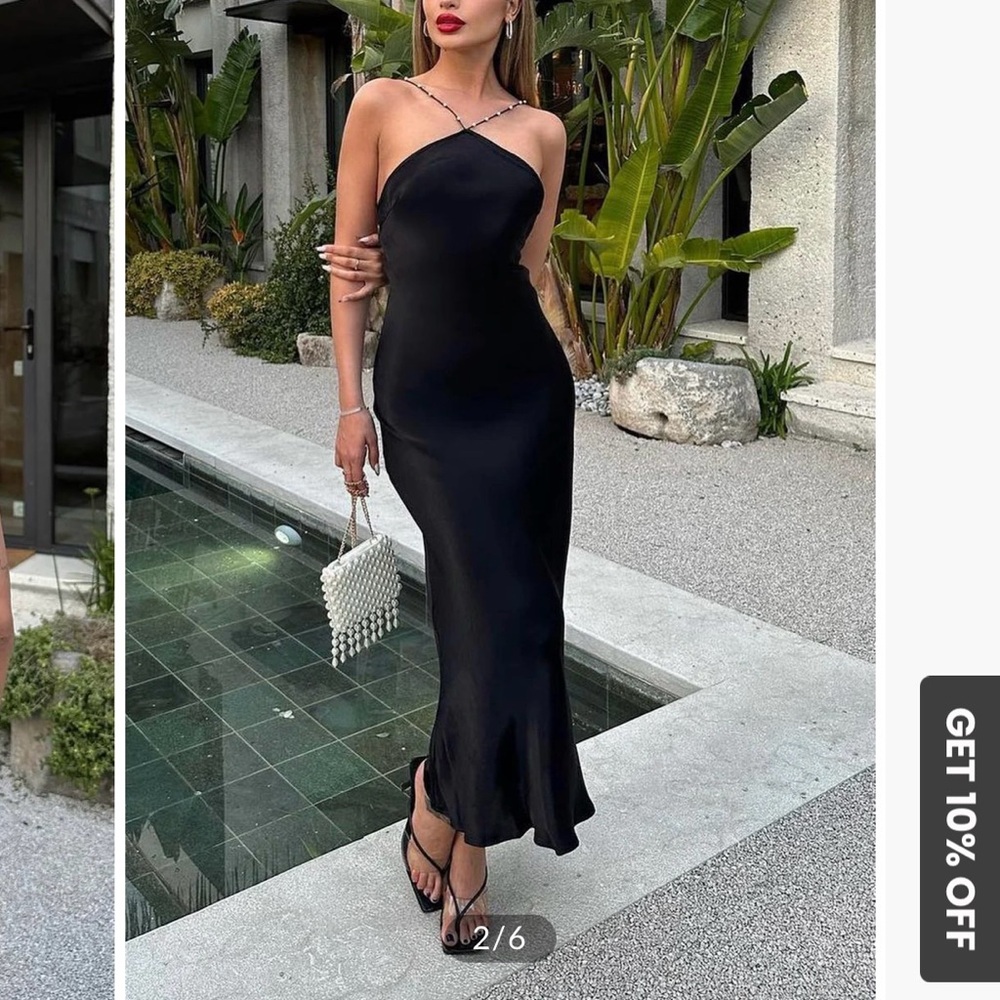 Commense Black Backless Slip Dress with Chain Straps